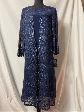 Alex Evenings Navy Embroidered Sequin Evening Dress